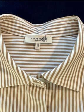 Women’s Lafayette 148 Taupe and White Striped Blouse, L